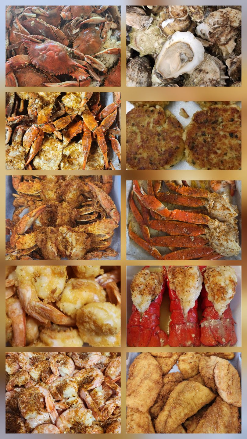 A collage of various seafood dishes, including crabs, oysters, crab cakes, shrimp, lobster tails, and fried fish.